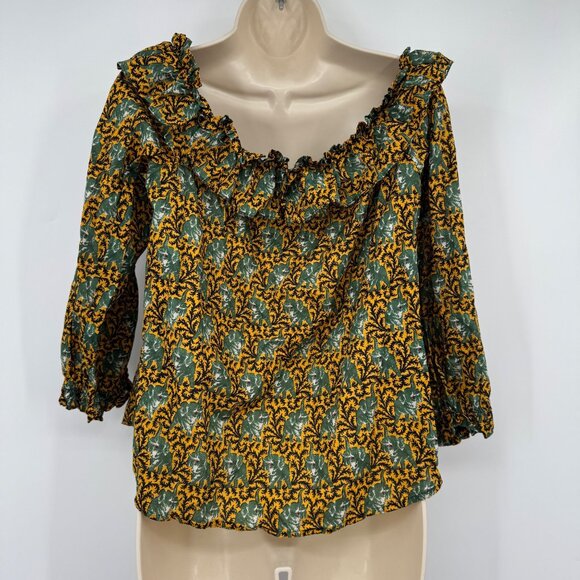 J. Crew Ratti Elephant Print Blouse Woman’s size 14 green off shoulder button up - Picture 10 of 14